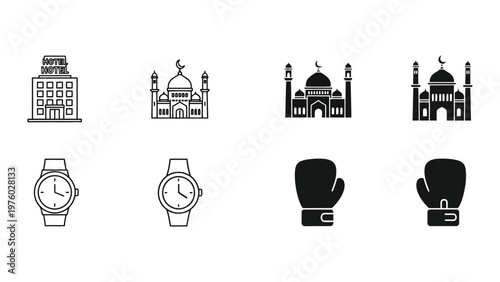 Islamic mosque and sport concept icon set: A set of conceptual icons showcases Islamic architecture alongside sporting concepts