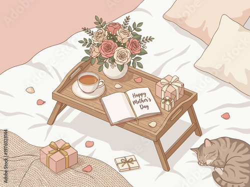 Happy Mother's Day. Charming Mother's Day breakfast in bed with gifts, flowers, and a sleeping cat, celebrating maternal love and relaxation