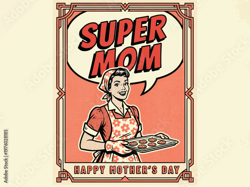 Happy Mother's Day Vintage Cartoon Illustration of a Super Mom Baking Cookies