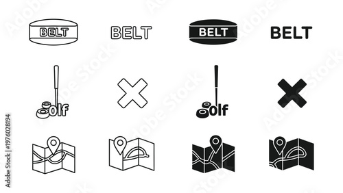 Essential Iconography Set: A graphic arrangement of diverse symbols, showcasing belt, golf, map, and a forbidden sign, meticulously crafted in varied styles