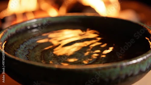 Heating Ceramic Bowl with flickering flames in a cozy warm scene
