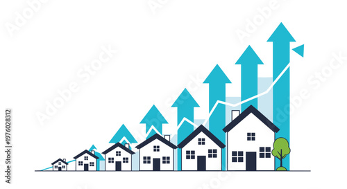 Real estate market growth and property investment success shown by houses with rising blue arrows on white background.