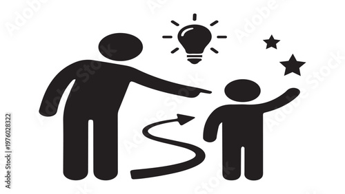 Business mentor guiding a protégé to success, career coaching and professional development concept icon.