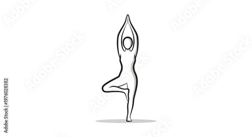 Woman doing tree yoga pose with arms up in air on white background for wellness and balance concept