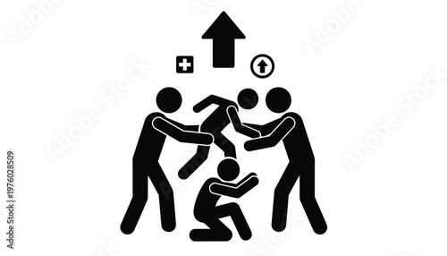 Stick figures representing medical professionals lifting a patient toward a large upward arrow indicating healing and recovery