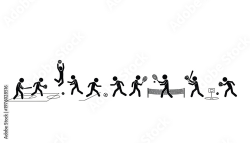 Diverse black stick figure pictograms illustrating multiple popular athletic sports activities for design elements.