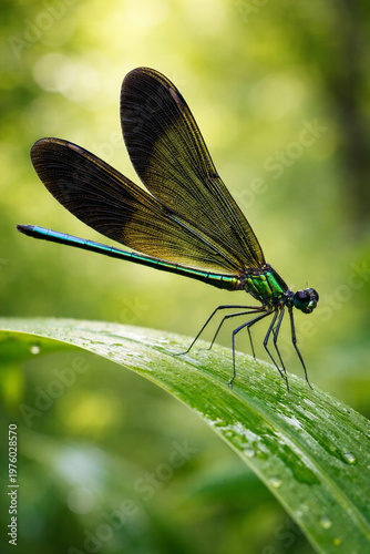 Macro Vestalis luctuosa Damselfly with Metallic Green Body on Leaf
