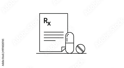 Medical prescription document with pill and capsule icons in simple black outline style for healthcare and pharmacy concept.
