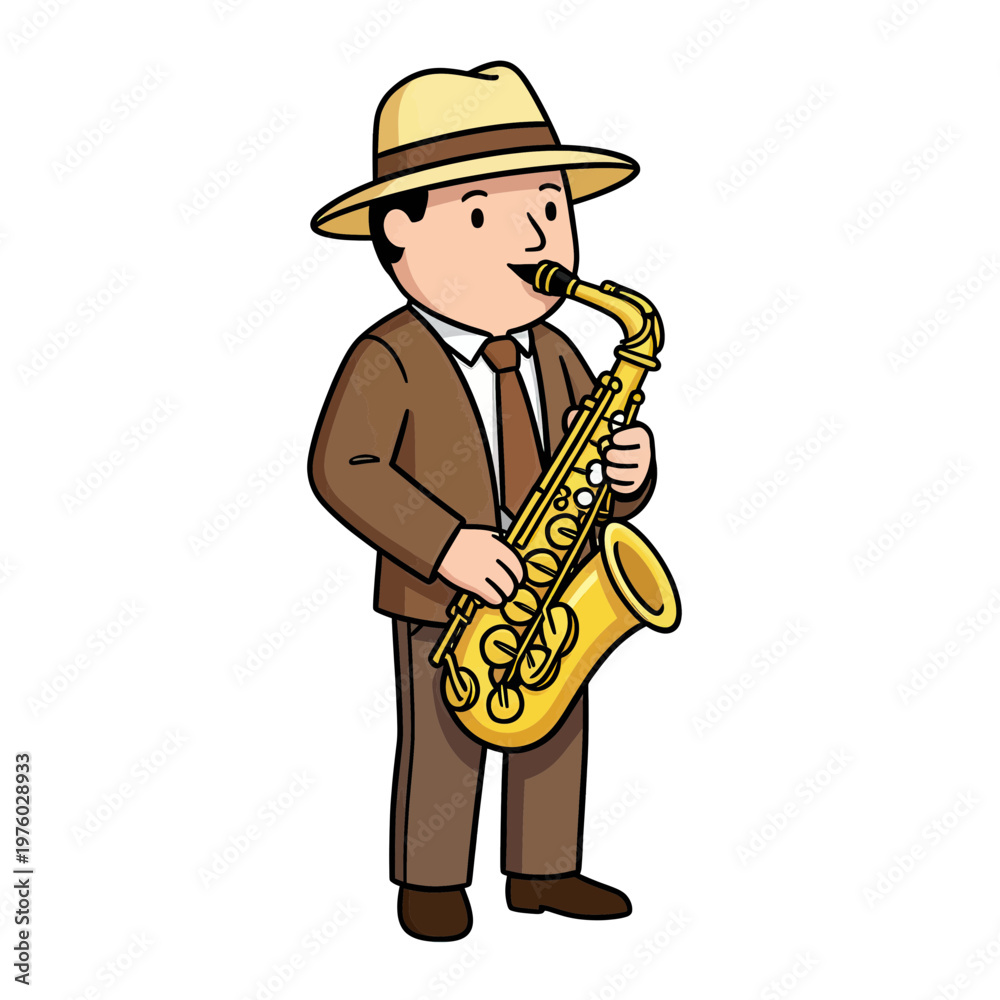 Naklejka premium Man in Hat Playing Saxophone Vector Icon