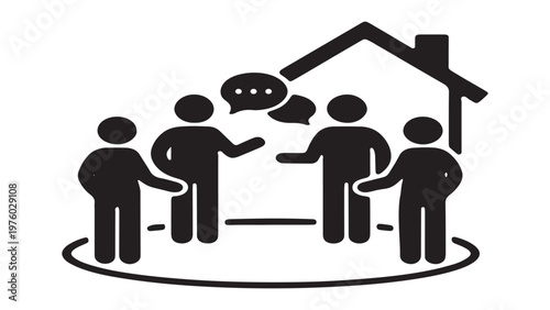 Neighborhood community discussion icon with house background.