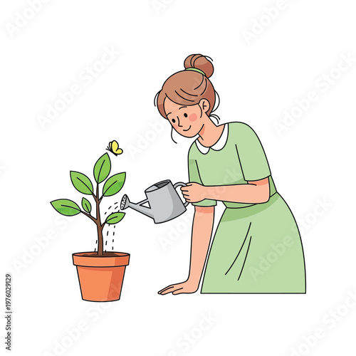 Woman watering plant in green dress with soft colorful lighting for gardening or home decor