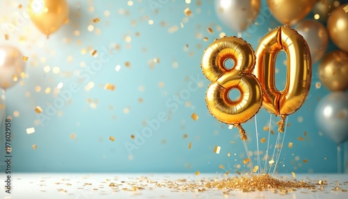 Golden balloons shaped like 80 float in air with confetti falling. Festive party background with shiny gold decor. Celebrate milestone birthday, anniversary, special event with glamour.