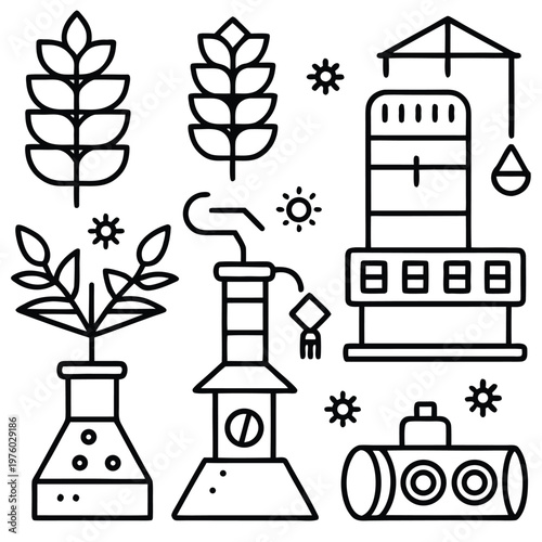 Creative monochrome artwork features elements related to industry and agriculture, suggesting the processes of plant-based manufacturing and the essence of science.