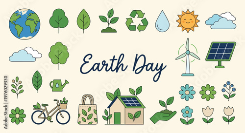 Earth Day element set Featuring vector icons for solar energy, wind power, recycling, electric transport, sustainable housing, and nature conservation including trees, plants, and water droplets
