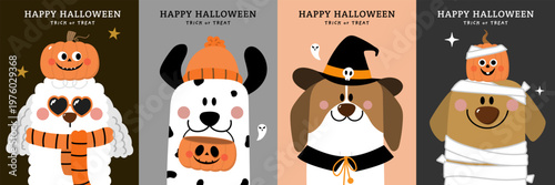 Happy halloween invitation card with cute puppy and dog in ghost party costumes. Animals holidays cartoon character. -Vector 