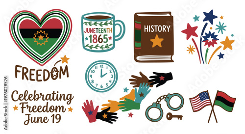 Juneteenth Freedom Day illustration set with African American flag symbols and celebrating freedom typography. This vector collection is ideal for Juneteenth holiday posters, educational resources
