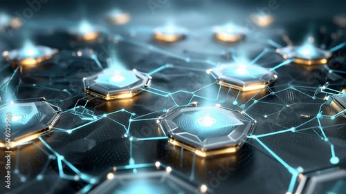 Futuristic hexagonal microchips glowing connections high-tech environment ultra detailed photography shallow depth of field