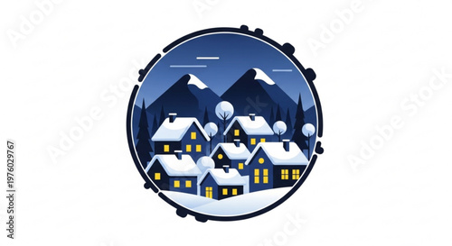 Snowy village in a circular frame with mountains and trees in a serene winter landscape at night