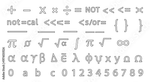 Collection of Mathematical Symbols Greek Letters and Numbers on Isolated White Background