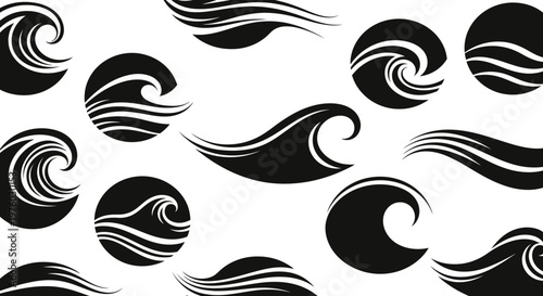 Dynamic Collection of Black Stylized Wave Shapes and Patterns on Isolated White Background