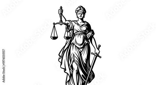 Classical Lady Justice figure with blindfold, holding scales and a sword, symbolizing fairness and truth, on an isolated white background.