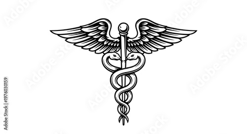 Classic Caduceus Symbol with Two Snakes and Wings in Black and White on Isolated White Background