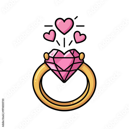 Pink Diamond Ring Vector Icon with Floating Hearts