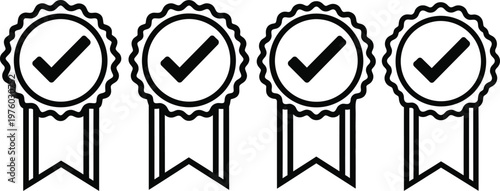 Four black and white ribbon seals with checkmarks a symbol of quality approval and achievement in a linear style