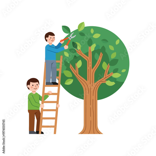 Men pruning tree in flat illustration with vibrant green and brown colors for gardening or landscaping use
