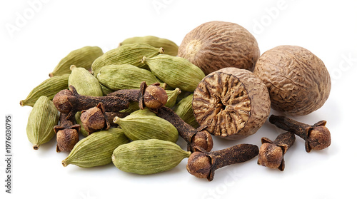 Exploring aromatic spices cardamom nutmeg and cloves in a culinary setting captured in close-up at a kitchen counter