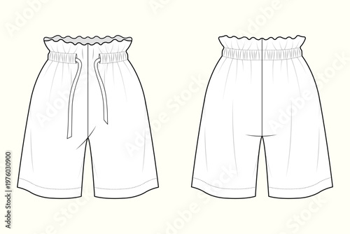 Paperbag Waist Relaxed Shorts Technical Fashion Flat Sketch Outline