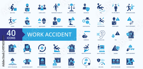 Work Accident Icon Pack Glyph Blue Illustration Vector With back pain, broken hand, labor union, temporary disability, employee rights
