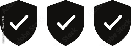 Three black shields with white checkmarks a symbol of security trust and verification in a minimalist design