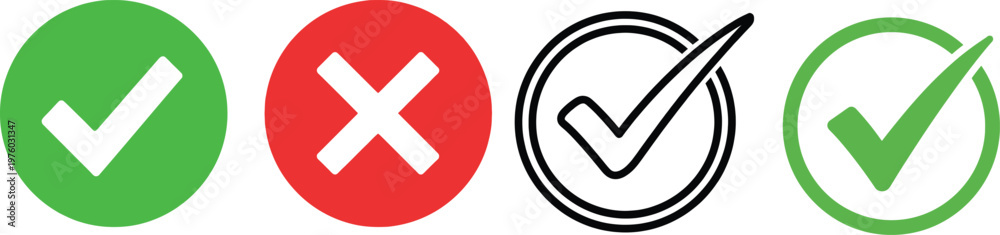 Fototapeta premium Four distinct checkmark and cross symbols in varied colors and styles representing status or validation