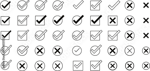 Collection of black and white checkmark and cross symbols in rounded rectangular frames representing choices and validation