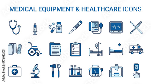 Comprehensive Medical Equipment and Healthcare Icon Set Featuring Hospital Supplies, Diagnostic Tools, and Patient Care Symbols