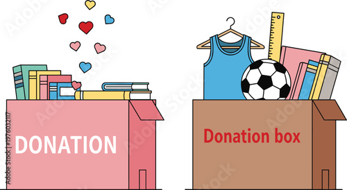 Donation Box Collection with Books, Clothes, School Supplies, and Charity Items for Community Support, Volunteering, and Social Awareness Designs