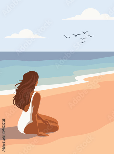 Summer holidays. Woman on vacation. Vector illustration, woman or girl relaxing, sitting sunbathing in a swimsuit on the beach. Seagulls, sky, sand, sea. For travel, tourism, recreation, summer design