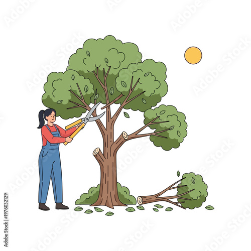 Woman pruning tree with loppers in daytime outdoor setting for gardening