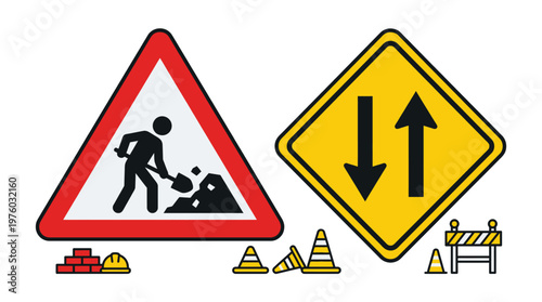 Professional Road Construction and Traffic Safety Warning Signs Icon Set