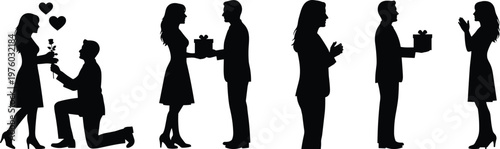Black silhouettes of romantic couples with man proposing on one knee with a rose, giving gifts, and celebrating love together