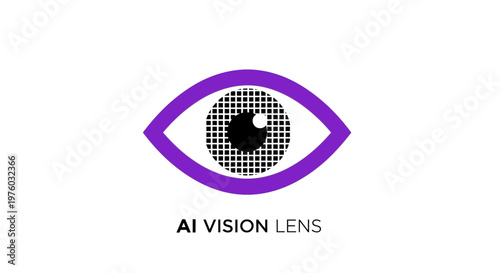 Abstract AI Eye Icon with Pixelated Iris and Purple Outline on White Background