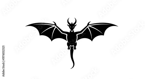 Black Dragon Silhouette with Wings Spread Wide on White Background, Mythical Creature Icon