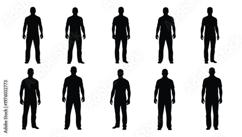Nine male silhouettes arranged in a grid featuring diverse body types and postures