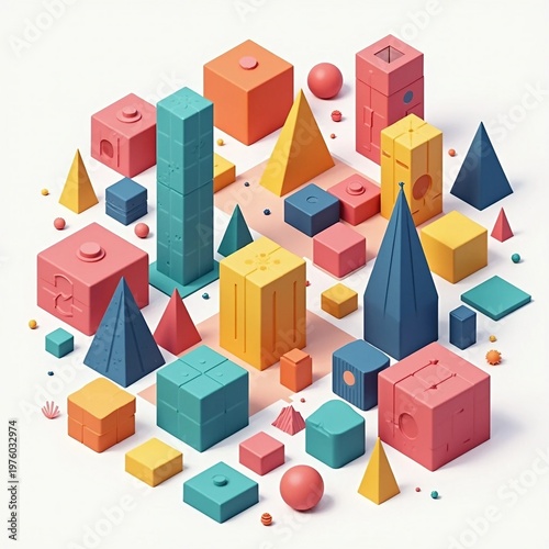 Abstract 3D Geometric Landscape with Pastel Pyramids, Cubes, and Stylized Flowers