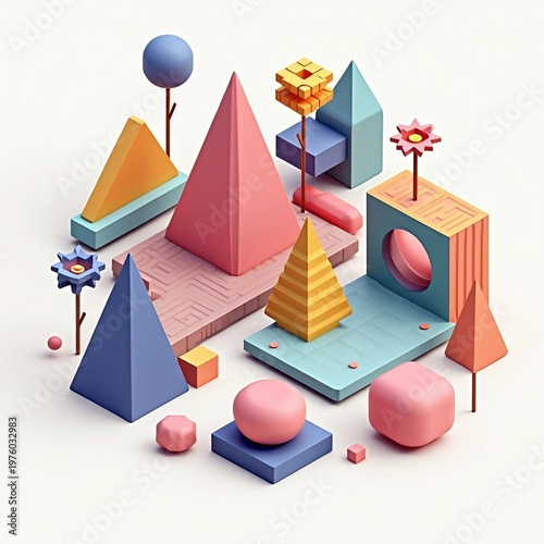 Abstract 3D Geometric Landscape with Pastel Pyramids, Cubes, and Stylized Flowers