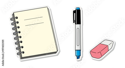Notebook, pen, and eraser illustration