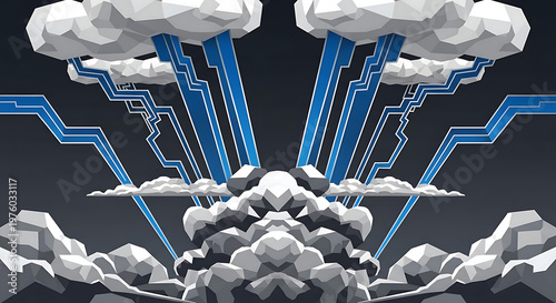 Dynamic thunderstorm animation with geometric clouds and lightning in a dark environment digital art presentation