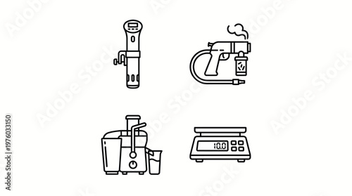 Collection of culinary tools and kitchen gadgets including a sous vide immersion circulator, a kitchen torch, a juicer, and a digital scale