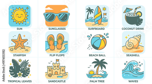 Beach Vacation Icon Set Illustration.